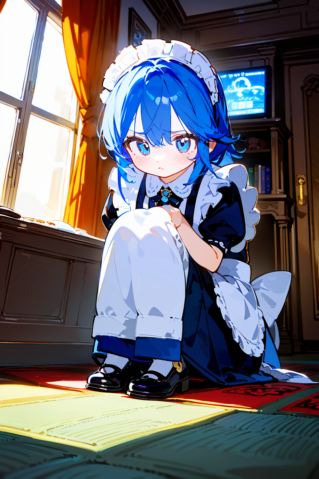 01111-410177351-anime key visual, wide angle of a (housemaid,mesugaki,blue hair_1.1) , expressing shame, dressed in maid, Crouching down, Light,.png